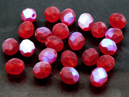 25 pcs Fire Polished Faceted Beads Round, 8mm, Matte Siam Ruby AB, Czech Glass