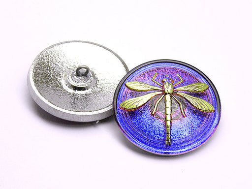 1 pc Czech Glass Button, Purple Vitrail Gold Dragonfly, Hand Painted, Size 14 (32mm)