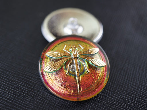 1 pc Czech Glass Button, Green Pink Vitrail Gold Dragonfly, Hand Painted, Size 14 (32mm)
