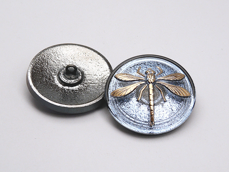 1 pc Czech Glass Button, Light Blue Gold Dragonfly, Hand Painted, Size 14 (32mm)