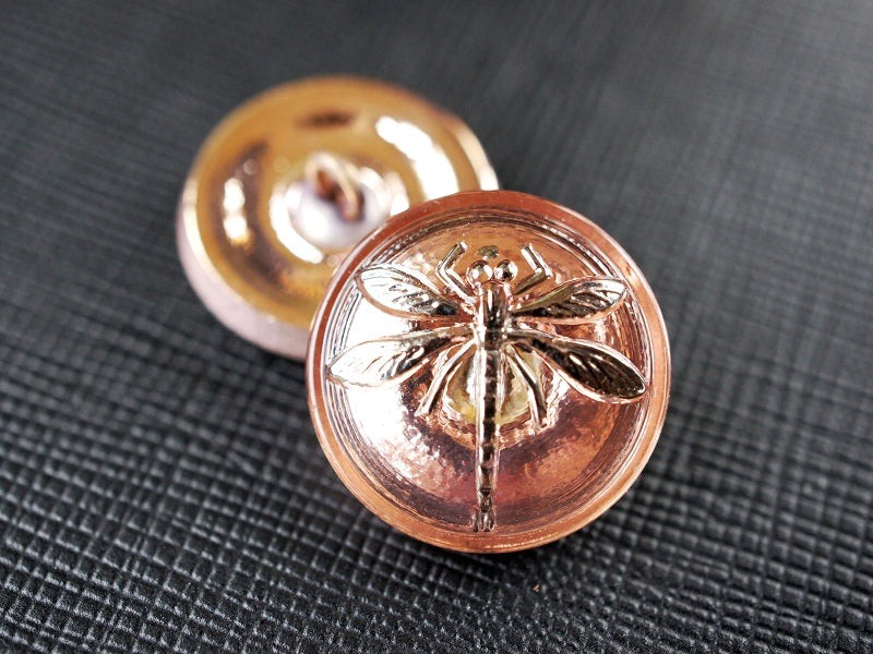 1 pc Czech Glass Button, Rosaline Silver Dragonfly, Hand Painted, Size 8 (18mm)