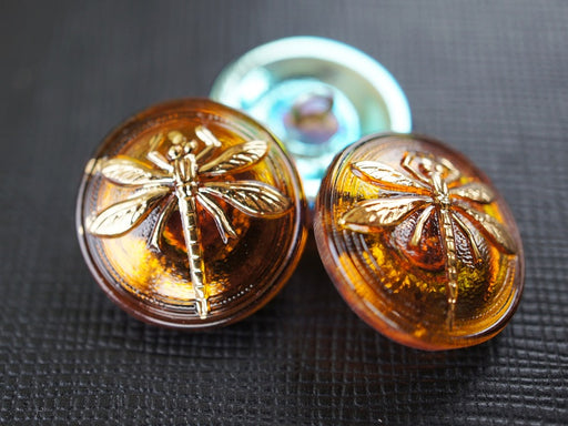 1 pc Czech Glass Button, Topaz Gold Dragonfly, Hand Painted, Size 8 (18mm)