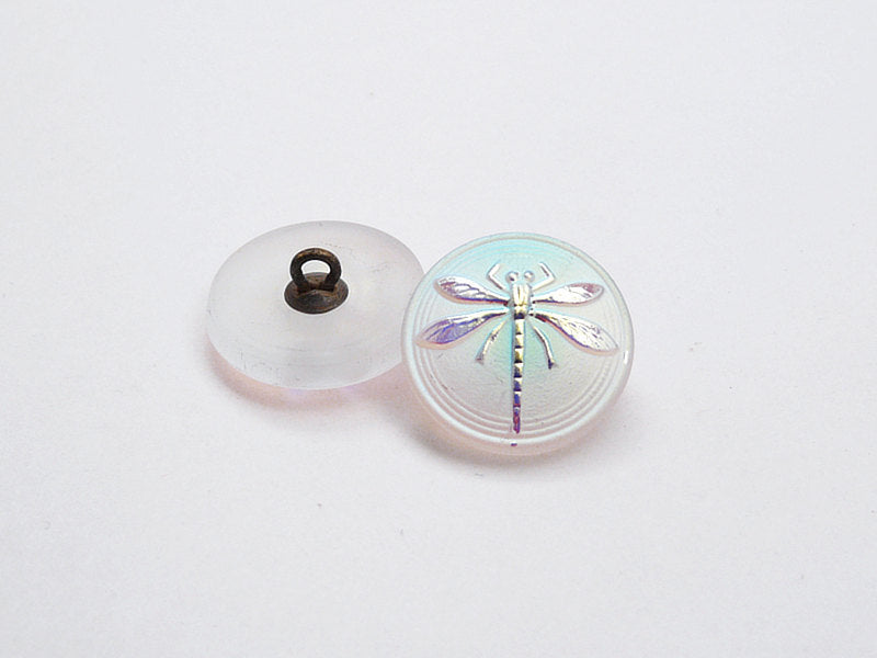 1 pc Czech Glass Button, Crystal White AB Matte Silver Dragonfly, Hand Painted, Size 8 (18mm)