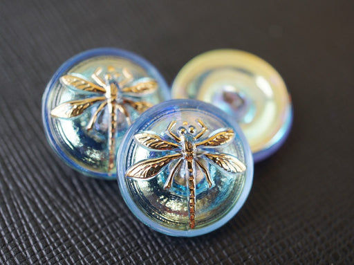 1 pc Czech Glass Button, Crystal Blue Gold Dragonfly, Hand Painted, Size 8 (18mm)