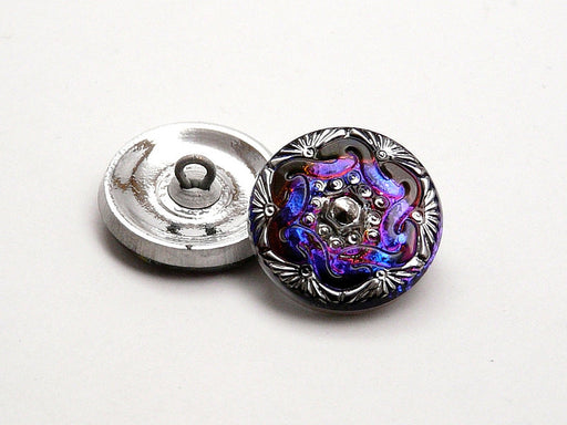 1 pc Czech Glass Button, Black Blue Vitrail Silver Ornament, Hand Painted, Size 8 (18mm)