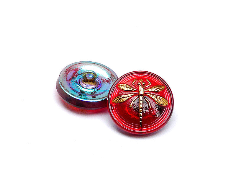 1 pc Czech Glass Button, Ruby Gold Dragonfly, Hand Painted, Size 8 (18mm)