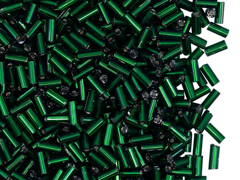 Bugles Preciosa Ornela 5x2 mm, Green Silver Lined, Czech Glass