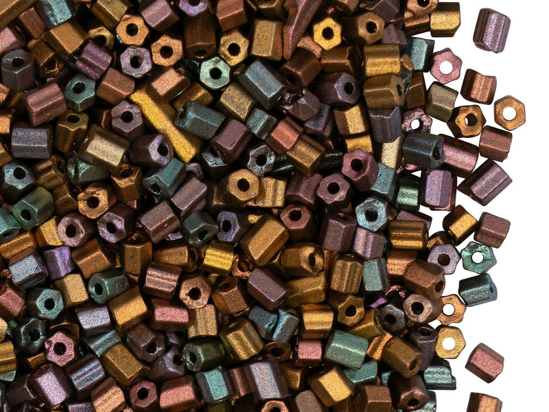 Bugles Preciosa Ornela, Hexagon, Round Hole 2.5 mm, Purple Iris Gold, Czech Glass