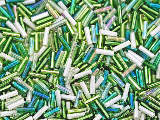 Bugle Beads 7x2.1 mm, Green White, Czech Glass