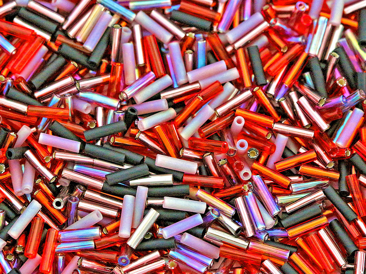 20 g Bugle Beads 6x1.7 mm, Red Silver Black, Miyuki Japanese Beads