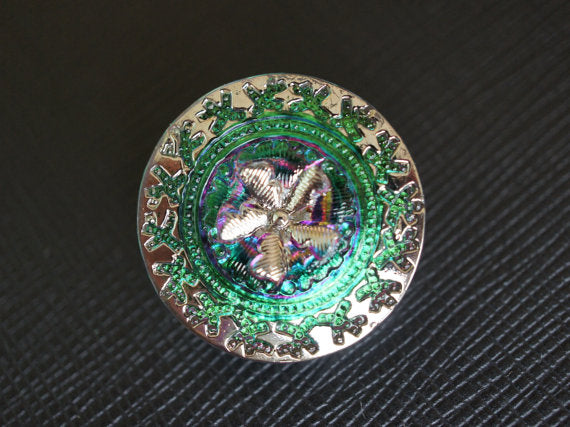 1 pc Czech Glass Button, Green Purple Vitrail Gold Ornament, Hand Painted, Size 10 (22.5mm)