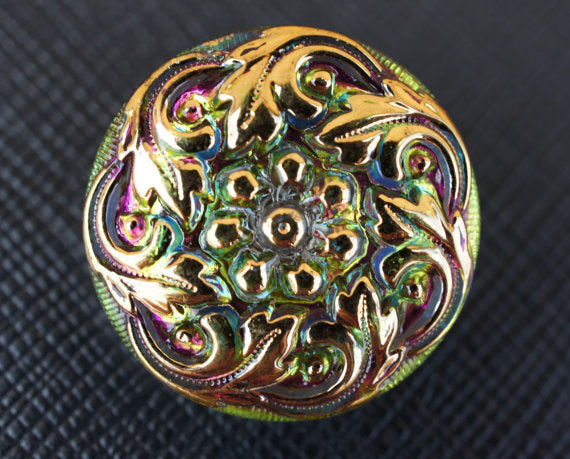 1 pc Czech Glass Button, Green Pink Vitrail Gold Ornament, Hand Painted, Size 10 (22.5mm)