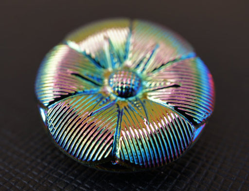 1 pc Czech Glass Button, Black Flower Jet AB, Hand Painted, Size 10 (22.5mm)