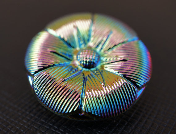 1 pc Czech Glass Button, Black Flower Jet AB, Hand Painted, Size 10 (22.5mm)