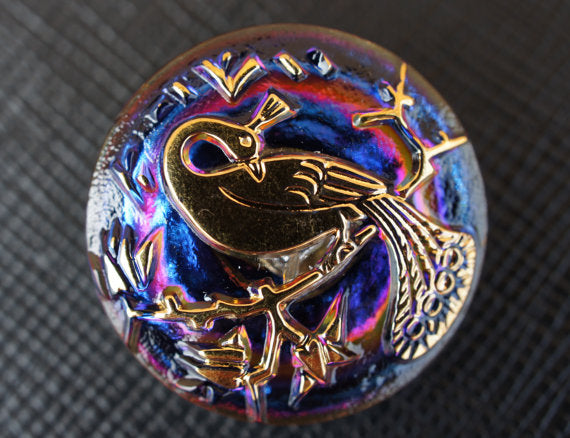 1 pc Czech Glass Button, Purple Volcano Gold Peacock, Hand Painted, Size 10 (22.5mm)
