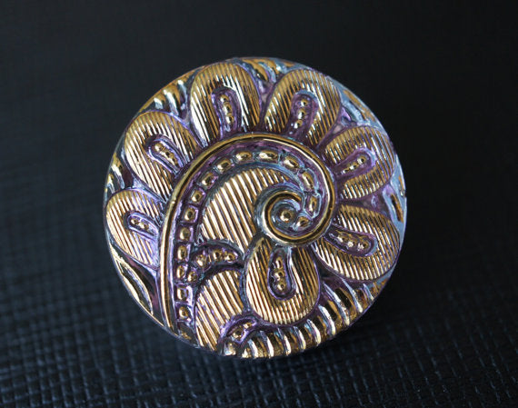 1 pc Czech Glass Button, Crystal Pink Gold Ornament, Hand Painted, Size 10 (22.5mm)