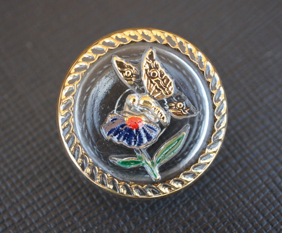 1 pc Czech Glass Button, Crystal Golden Butterfly Blue Flower, Hand Painted, Size 10 (22.5mm)