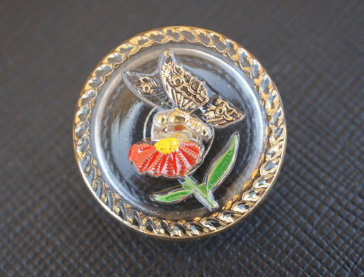 1 pc Czech Glass Button, Crystal Golden Butterfly Red Flower, Hand Painted, Size 10 (22.5mm)