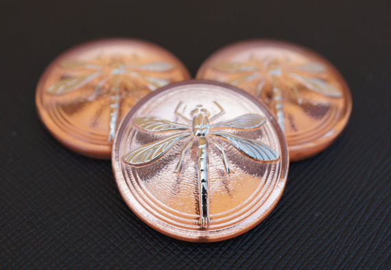 1 pc Czech Glass Cabochon Rosaline Silver Dragonfly (Smooth Reverse Side), Hand Painted, Size 14 (32mm)