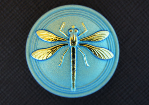 1 pc Czech Glass Cabochon Blue Green Matte Gold Dragonfly (Smooth Reverse Side), Hand Painted, Size 14 (32mm)