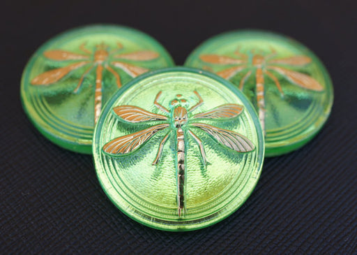 1 pc Czech Glass Cabochon Green Gold Dragonfly (Smooth Reverse Side), Hand Painted, Size 14 (32mm)