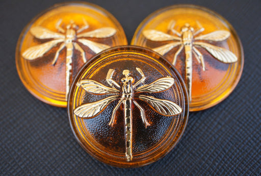 1 pc Czech Glass Cabochon Topaz Gold Dragonfly (Smooth Reverse Side), Hand Painted, Size 14 (32mm)