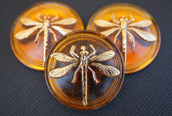 1 pc Czech Glass Cabochon Topaz Gold Dragonfly (Smooth Reverse Side), Hand Painted, Size 14 (32mm)