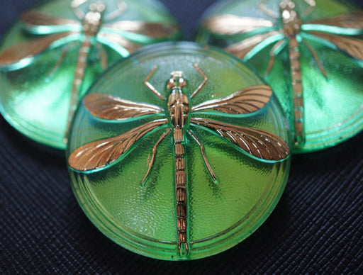 1 pc Czech Glass Cabochon Green Gold Dragonfly (Smooth Reverse Side), Hand Painted, Size 18 (40.5mm)