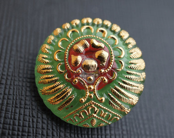 1 pc Czech Glass Button, Green Red Gold Ornament, Hand Painted, Size 10 (22.5mm)