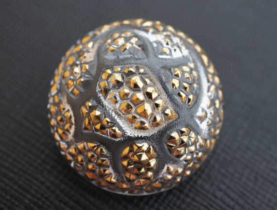 1 pc Czech Glass Button, Crystal Gold Ornament, Hand Painted, Size 12 (27mm)