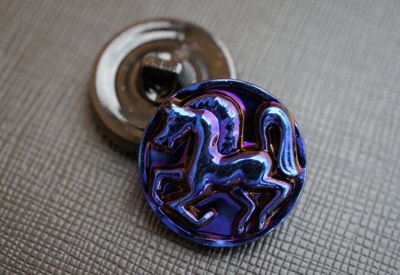 1 pc Czech Glass Button, Black Jet AB Pegasus, Hand Painted, Size 10 (22.5mm)