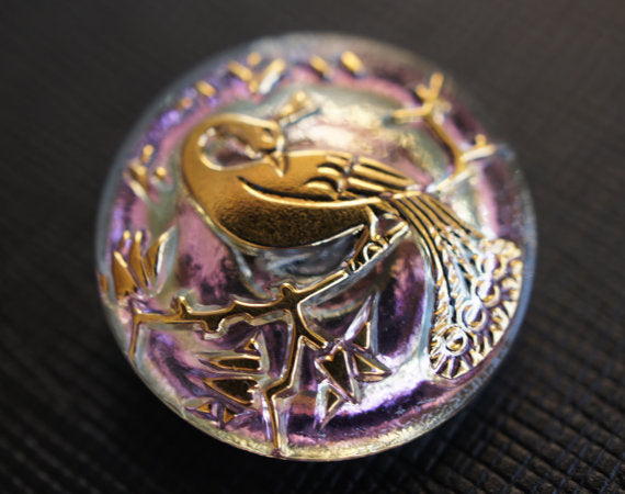 1 pc Czech Glass Button, Crystal Pink Golden Peacock, Hand Painted, Size 10 (22.5mm)