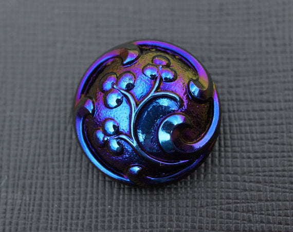 1 pc Czech Glass Button, Jet Blue AB, Hand Painted, Size 10 (22.5mm)