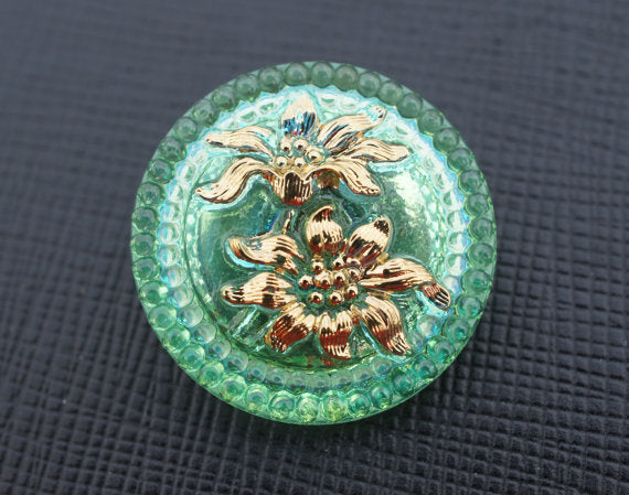 1 pc Czech Glass Button, Green Transparent Golden Flowers, Hand Painted, Size 10 (22.5mm)