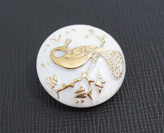 1 pc Czech Glass Button, White AB Golden Peacock, Hand Painted, Size 10 (22.5mm)