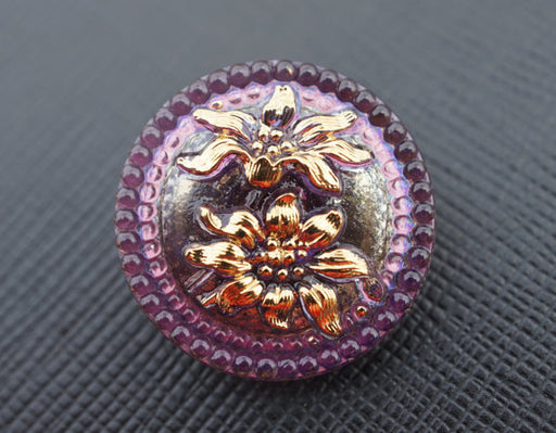 1 pc Czech Glass Button, Amethyst Gold Flowers, Hand Painted, Size 10 (22.5mm)