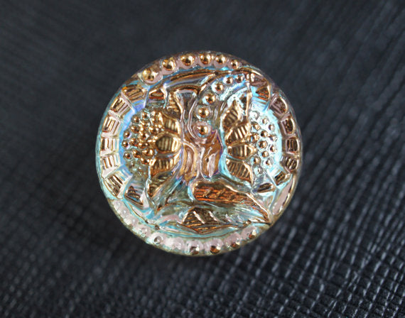 1 pc Czech Glass Button, Crystal AB Gold Flowers, Hand Painted, Size 8 (18mm)