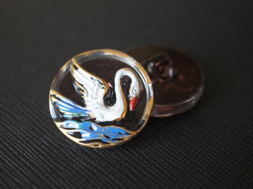 1 pc Czech Glass Button, Dark Red Blue Gold Swan, Hand Painted, Size 10 (22.5mm)