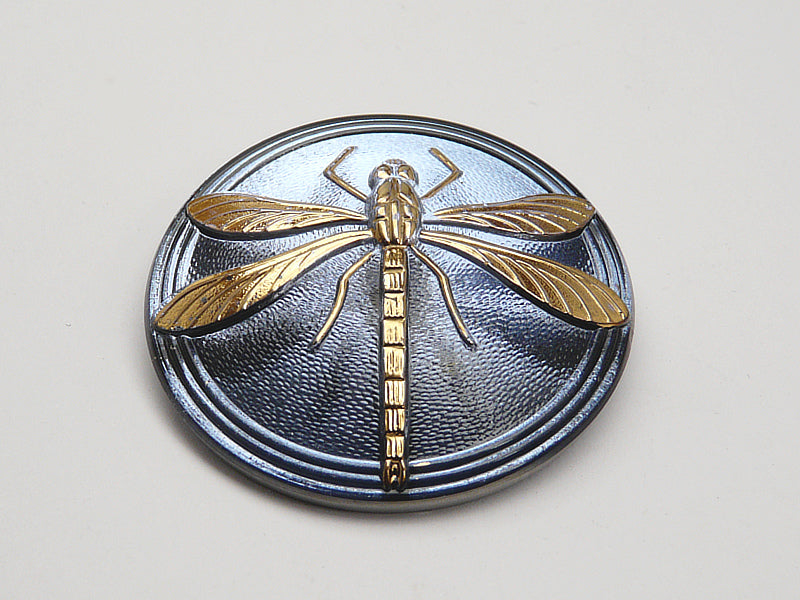 1 pc Czech Glass Cabochon Light Blue Gold Dragonfly (Smooth Reverse Side), Hand Painted, Size 18 (40.5mm)