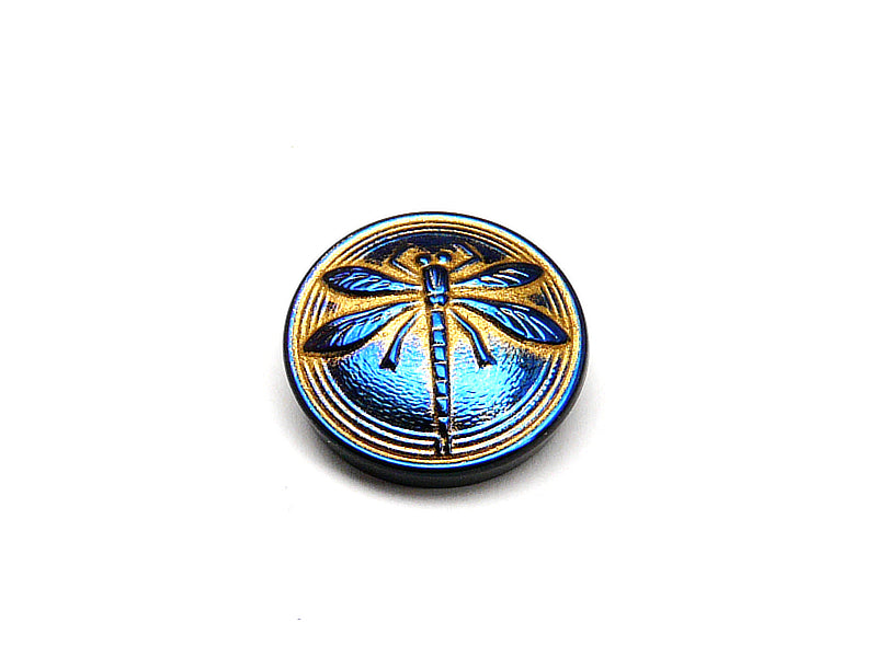1 pc Czech Glass Cabochon Blue Gold Blue Dragonfly (Smooth Reverse Side), Hand Painted, Size 8 (18mm)