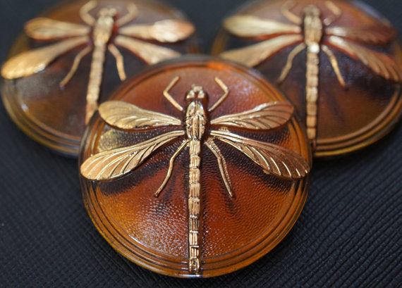 1 pc Czech Glass Cabochon Topaz Gold Dragonfly (Smooth Reverse Side), Hand Painted, Size 18 (40.5mm)