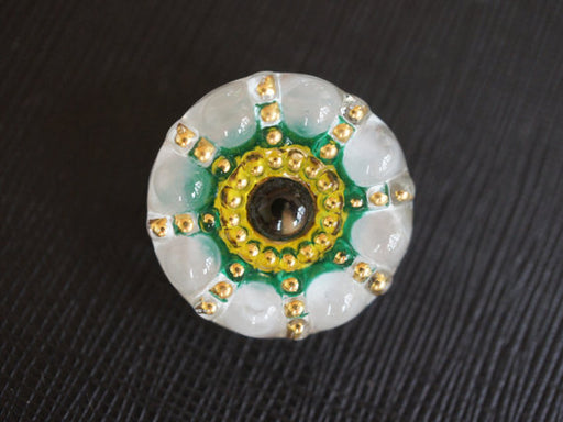 1 pc Czech Glass Button, White Green Yellow Gold, Hand Painted, Size 10 (22.5mm)