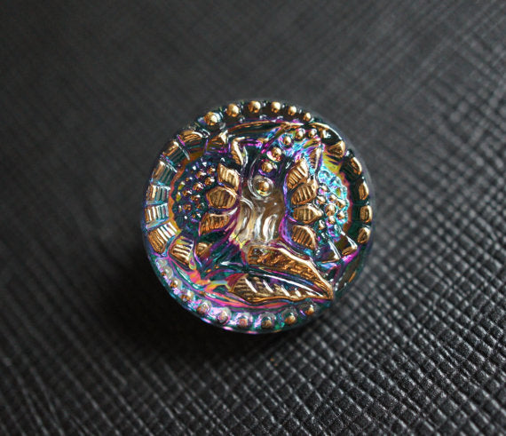 1 pc Czech Glass Button, Blue Vitrail Gold Ornament, Hand Painted, Size 8 (18mm)