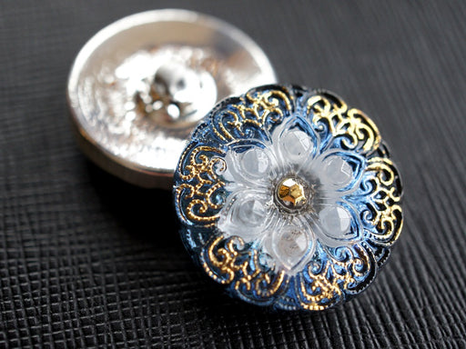 1 pc Czech Glass Button, Blue Flower White Gold Ornament, Hand Painted, Size 10 (22.5mm)