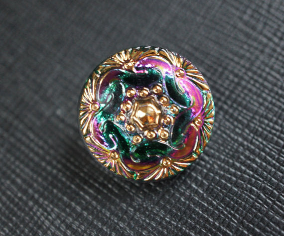 1 pc Czech Glass Button, Green Pink Gold Ornament, Hand Painted, Size 8 (18mm)