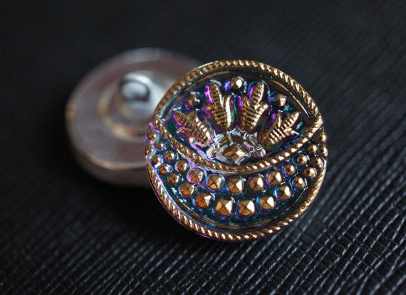 1 pc Czech Glass Button, Crystal Vitrail Gold Ornament, Hand Painted, Size 8 (18mm)