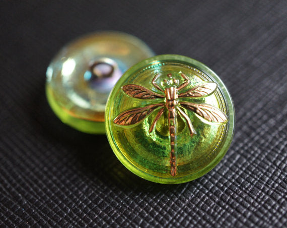 1 pc Czech Glass Button, Transparent Green Yellow Gold Dragonfly, Hand Painted, Size 8 (18mm)