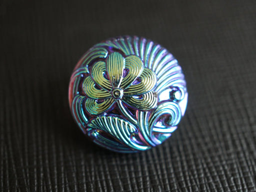 1 pc Czech Glass Button, Amethyst Flower Blue AB, Hand Painted, Size 8 (18mm)