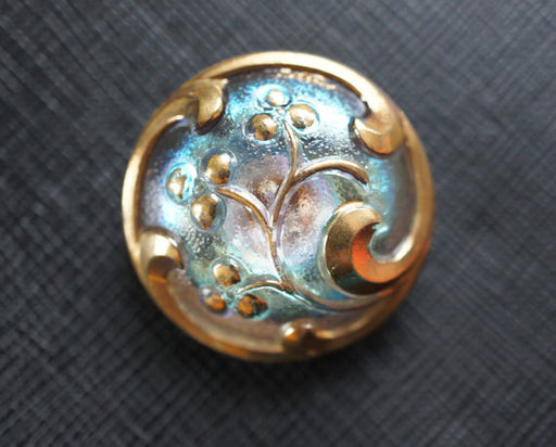 1 pc Czech Glass Button, Blue Gold Ornament, Hand Painted, Size 12 (27mm)