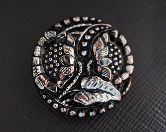 1 pc Czech Glass Button, Jet Black Silver Flowers, Hand Painted, Size 12 (27mm)